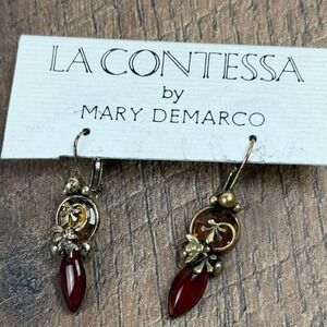 La Contessa Mary DeMarco Bee Amber Red‎ Marquise Drop Earrings Leverback